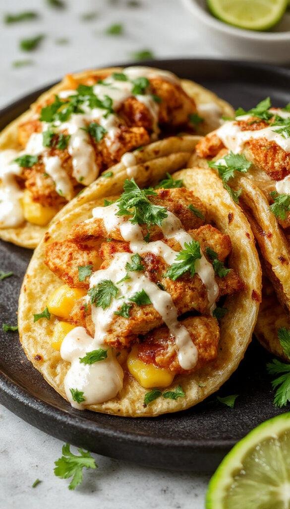 A plate of vibrant fried chicken street corn tacos topped with chopped cilantro and jalapeño lime ranch drizzle, served on a colorful background.