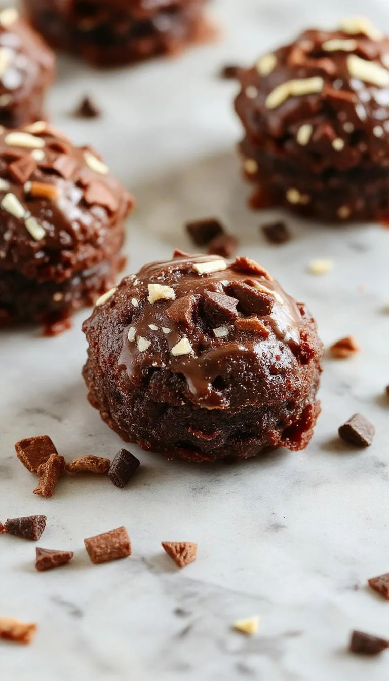 Close-up of fudgy espresso brownie bites with a glossy chocolate glaze and a dusting of powdered sugar, arranged on a rustic wooden platter.