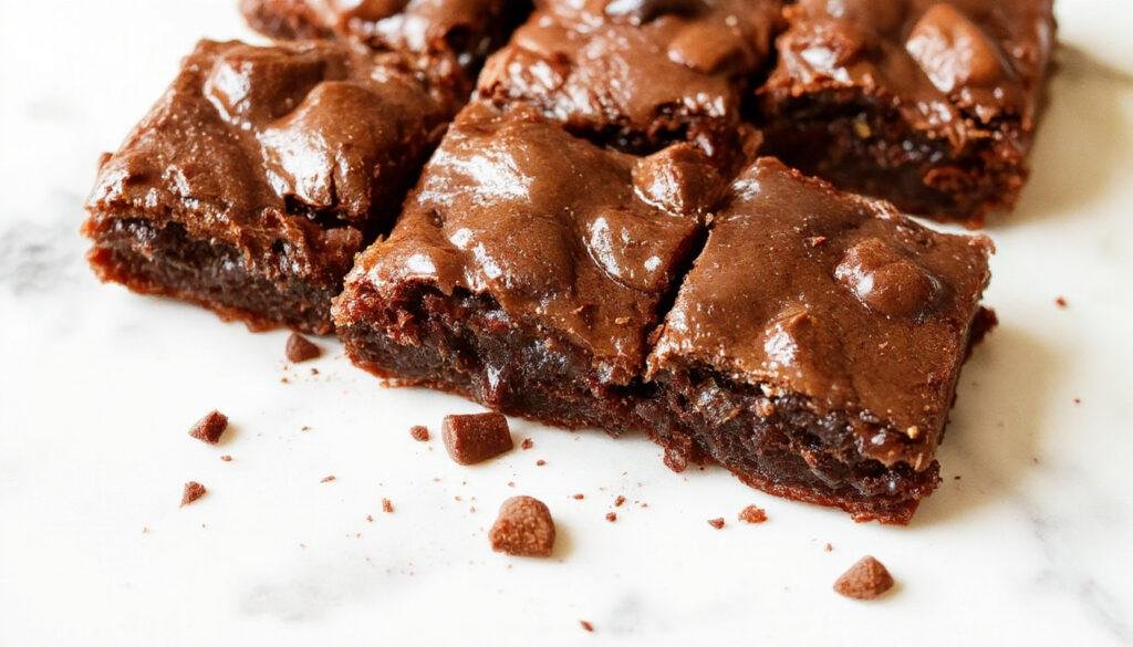 Close-up of a rich, fudgy brownie cut into squares with a glossy, crackly top. The brownies are dark chocolate in color and have a dense, moist texture, with a slightly cracked surface revealing their moist interior.