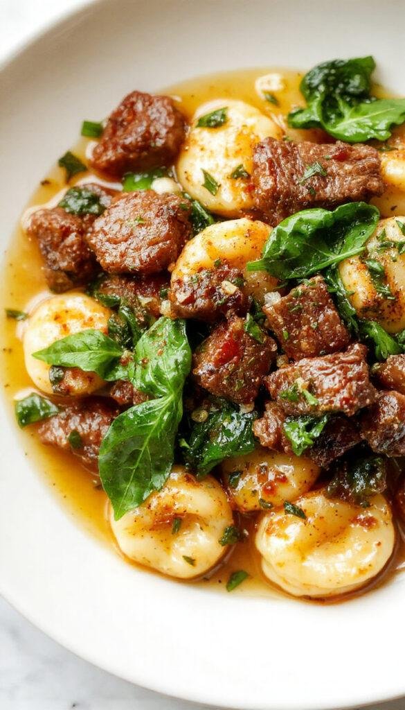 A plate of Garlic Butter Beef and Spinach Tortellini garnished with fresh herbs, served with a side of garlic bread.