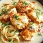 Delicious Garlic Butter Chicken Bites served alongside creamy, tender pasta with garlic herbs and parsley.