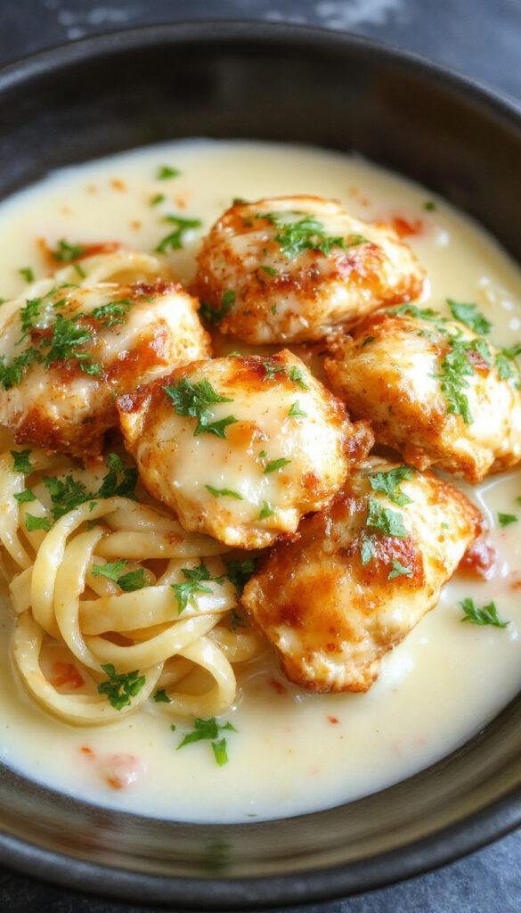Delicious Garlic Butter Chicken Bites served alongside creamy, tender pasta with garlic herbs and parsley.