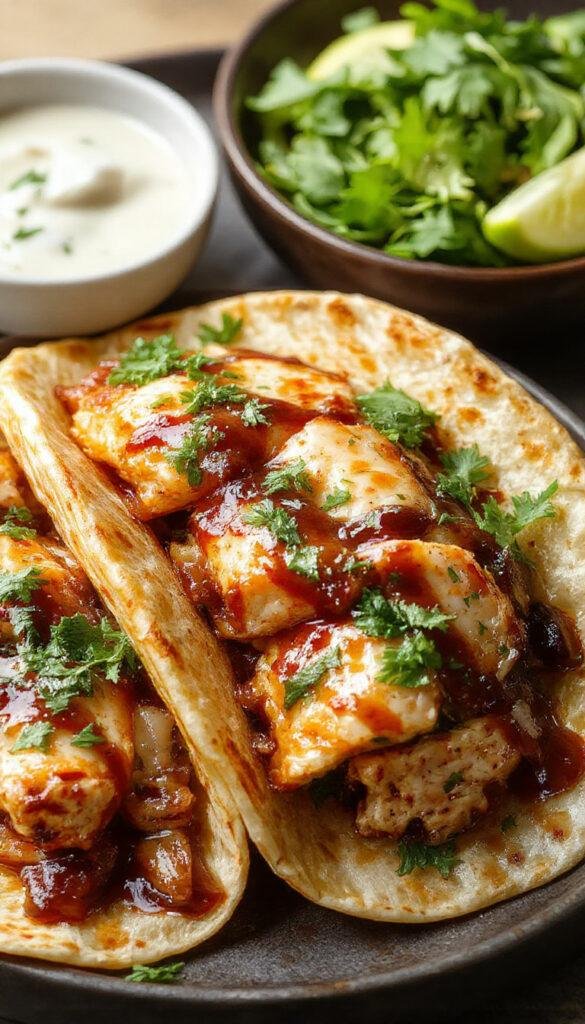 A plate of Garlic Butter Honey BBQ Chicken Tacos garnished with fresh cilantro and lime wedges, showcasing a vibrant and smoky flavor combination.
