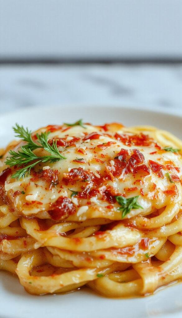 A plate of creamy garlic butter pasta garnished with fresh parsley and grated Parmesan cheese, served on a rustic wooden table.