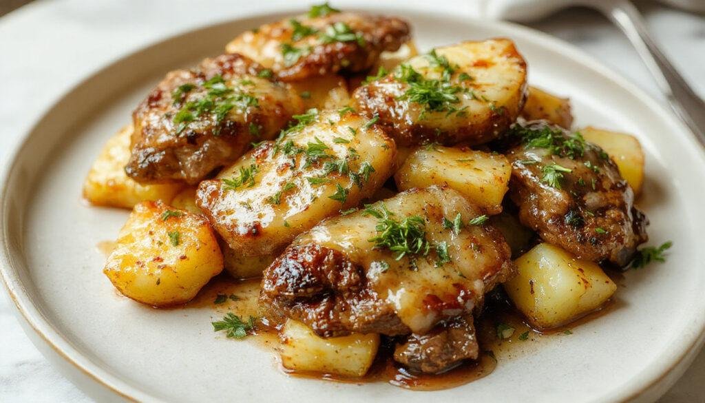 A close-up of sizzling garlic butter steak bites arranged on a rustic plate, garnished with fresh herbs, alongside crispy roasted potato cubes. The steak bites are golden brown with a glossy sheen, with visible garlic pieces and a hint of herbs, presenting a hearty and appetizing dish.