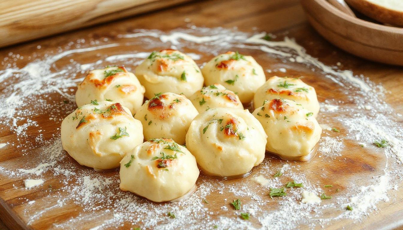 Golden-brown garlic knots arranged in a circular pattern on a rustic wooden platter, sprinkled with freshly chopped parsley and minced garlic, with a side of marinara sauce in a small bowl. The knots have a glossy, buttery glaze and visible garlic bits, showcasing their soft interior and crispy exterior.