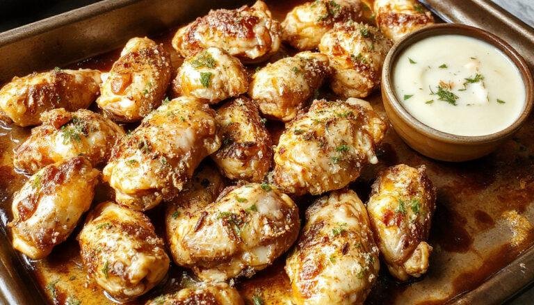 A plate of golden-brown baked garlic parmesan chicken wings garnished with chopped parsley. The wings are crispy on the outside, coating of garlic and parmesan cheese visibly adhering, arranged invitingly on a rustic white platter with lemon wedges and fresh herbs around.