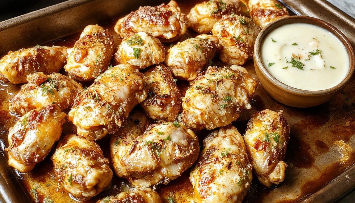 A plate of golden-brown baked garlic parmesan chicken wings garnished with chopped parsley. The wings are crispy on the outside, coating of garlic and parmesan cheese visibly adhering, arranged invitingly on a rustic white platter with lemon wedges and fresh herbs around.