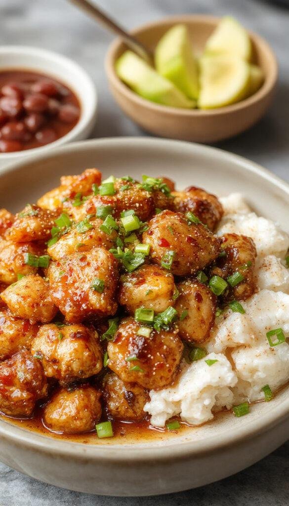 A plate of crispy General Tso's Chicken garnished with green onions and sesame seeds, served alongside steamed vegetables and rice.