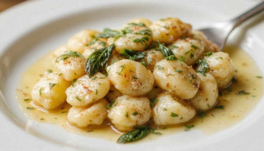 A close-up of fluffy, golden gnocchi coated in a rich brown butter sauce, garnished with fresh sage leaves, served on a rustic white plate with a sprinkle of grated cheese.