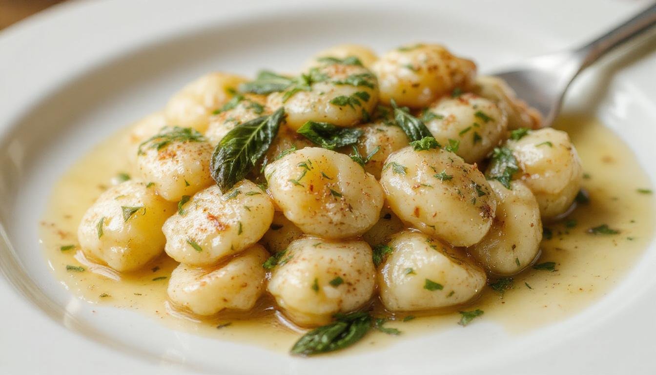 A close-up of fluffy, golden gnocchi coated in a rich brown butter sauce, garnished with fresh sage leaves, served on a rustic white plate with a sprinkle of grated cheese.