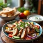 Realistic image of Greek Chicken Gyros with lemon-herb-marinated chicken, fresh vegetables, and Tzatziki sauce, presented on a home dining table with cozy lighting and a homely atmosphere.