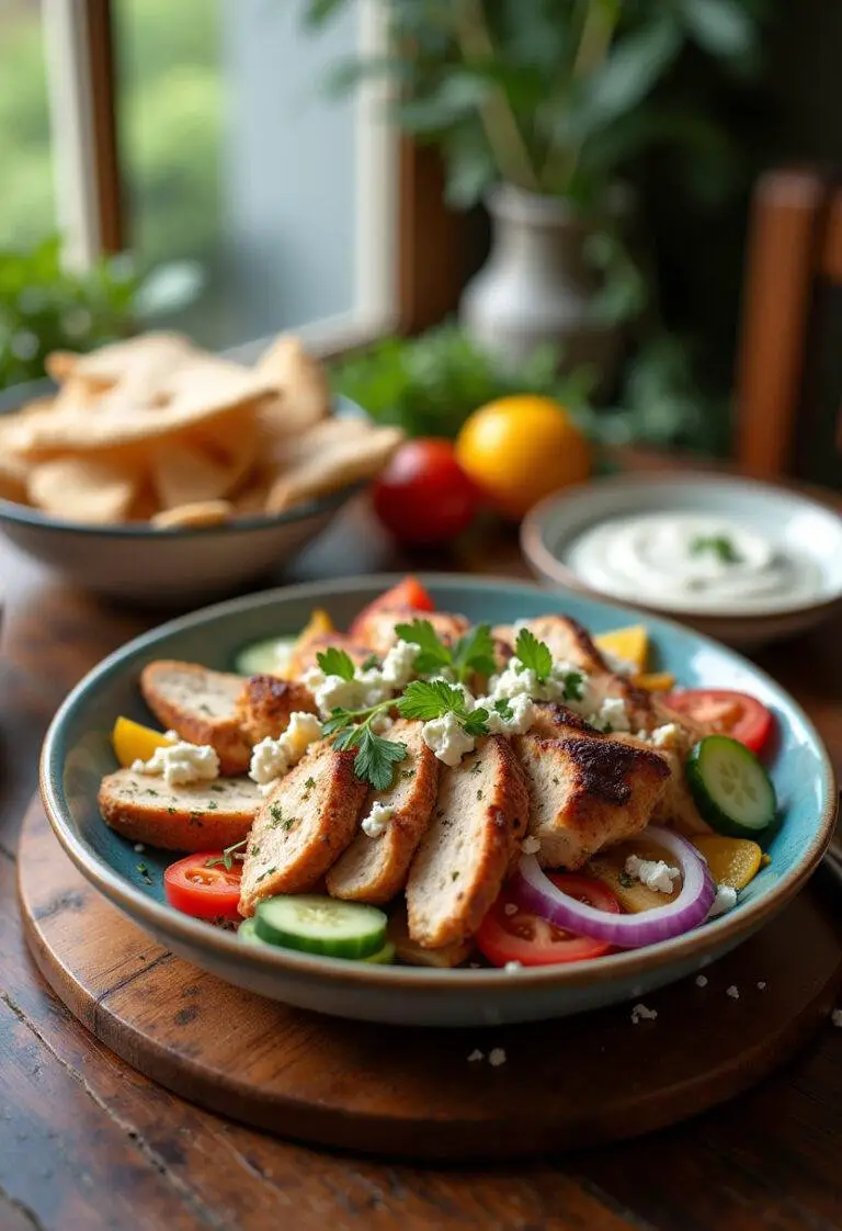 Realistic image of Greek Chicken Gyros with lemon-herb-marinated chicken, fresh vegetables, and Tzatziki sauce, presented on a home dining table with cozy lighting and a homely atmosphere.