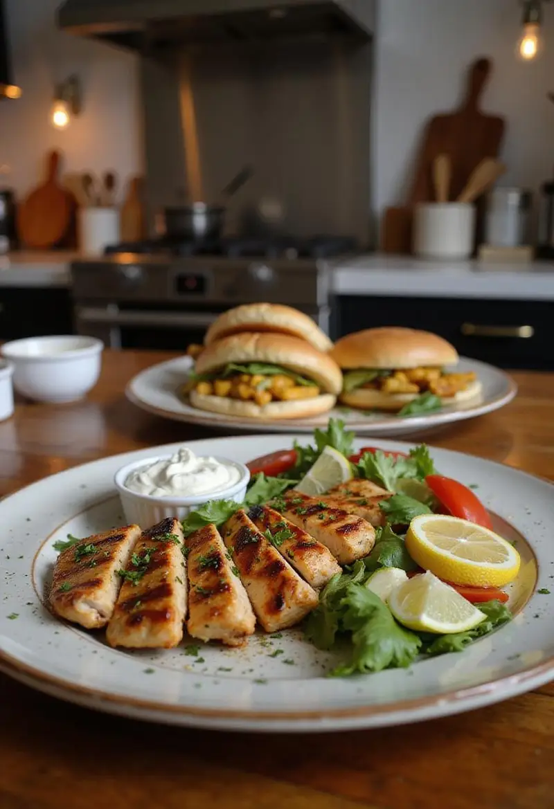 Photograph of Greek Chicken Gyros served on a plate in a home kitchen setting, with grilled chicken, fresh vegetables, and Tzatziki, styled for a cozy indoor environment.