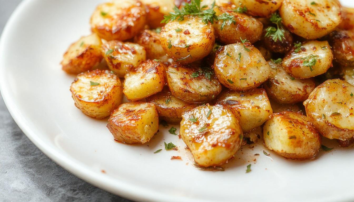 A close-up of golden-brown roasted Greek Lemon Potatoes arranged on a rustic white plate, garnished with fresh parsley. The potatoes are crispy on the outside, tender inside, with a glistening lemon herb glaze, showcasing their vibrant yellow hue and textured surface.