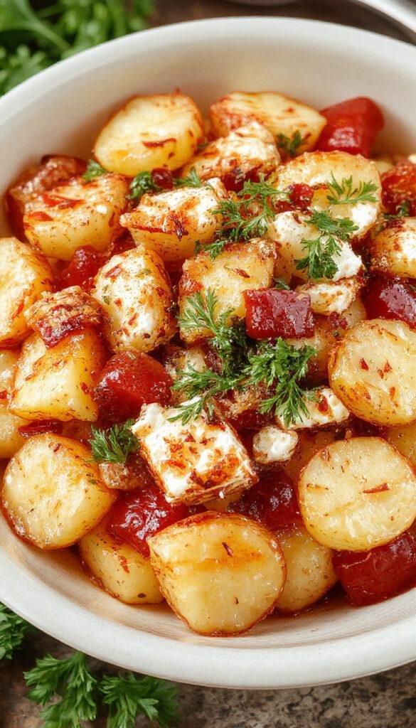 A vibrant bowl of Greek Potato Salad garnished with fresh herbs and lemon wedges, showcasing creamy potatoes and colorful vegetables.