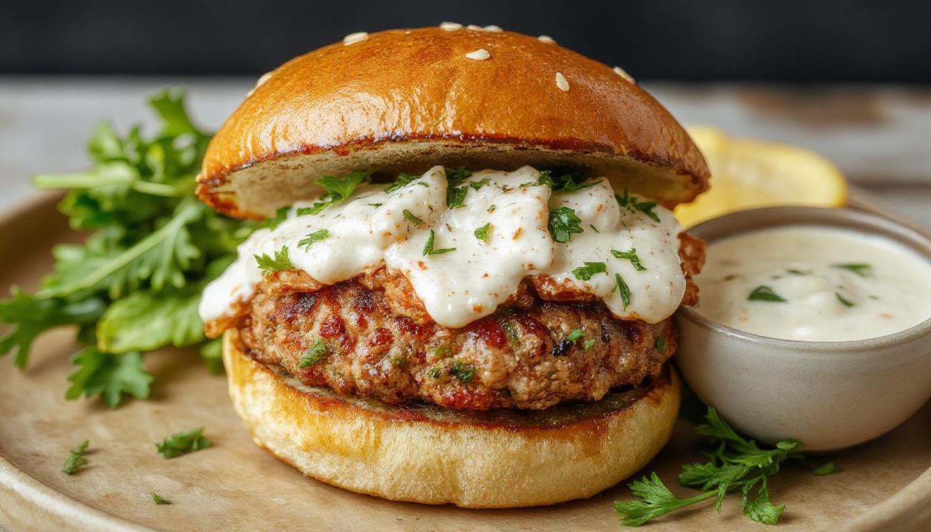 A pair of golden-brown Greek turkey burger patties topped with dollops of creamy white Tzatziki sauce, garnished with fresh dill and cucumber slices on a rustic wooden plate. The burger is nestled in a toasted bun, with crisp lettuce and sliced tomatoes visible, emphasizing the appetizing contrast of textures and colors.