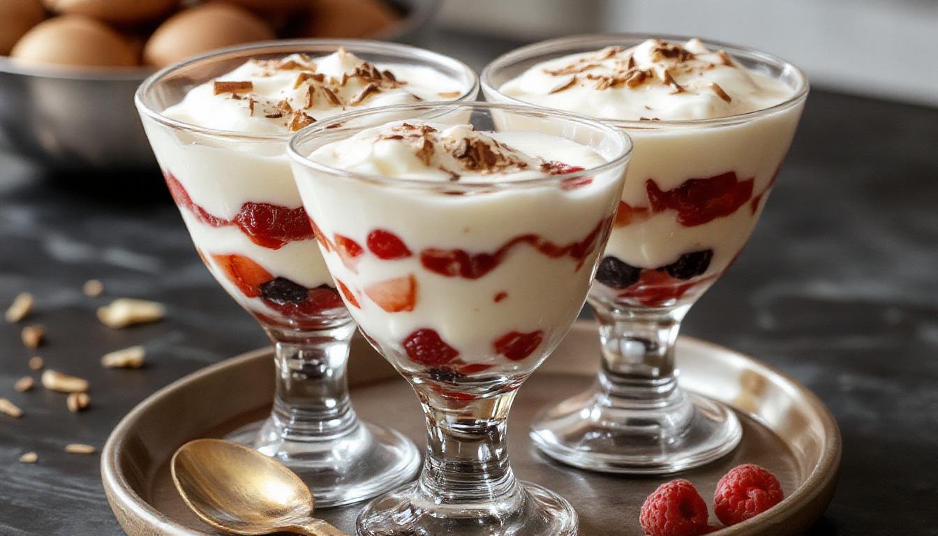 A transparent glass cup filled with layered Greek yogurt, fresh mixed berries, and crunchy granola. The layers are visually distinct, showcasing vibrant reds and deep blues of the fruit against the creamy white yogurt, topped with a sprinkle of granola and a sprig of mint.