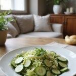 A realistic image of a Green Cabbage Cucumber Salad served on a white plate in a cozy home dining area. The salad consists of shredded green cabbage and sliced cucumbers, garnished with herbs, set on a wooden table with natural light streaming in through a window, creating a warm and inviting atmosphere.