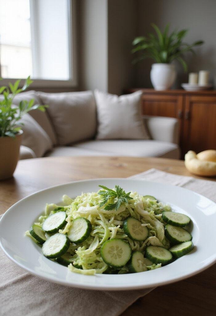 A realistic image of a Green Cabbage Cucumber Salad served on a white plate in a cozy home dining area. The salad consists of shredded green cabbage and sliced cucumbers, garnished with herbs, set on a wooden table with natural light streaming in through a window, creating a warm and inviting atmosphere.