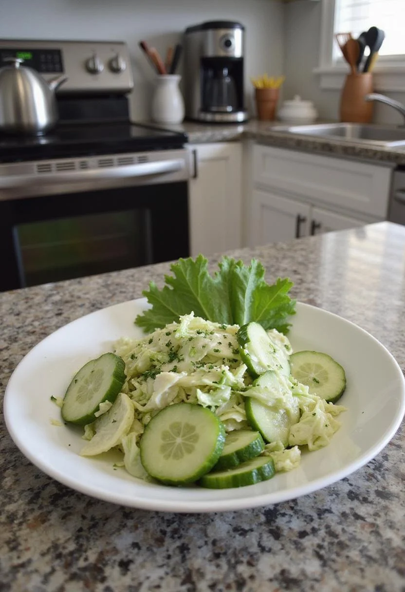 A realistic image of Green Cabbage Cucumber Salad plated on a dish in a kitchen environment. The salad includes shredded cabbage and cucumber slices, garnished with herbs, shown on a countertop with kitchen tools and appliances in the background, well-lit with natural kitchen lighting.
