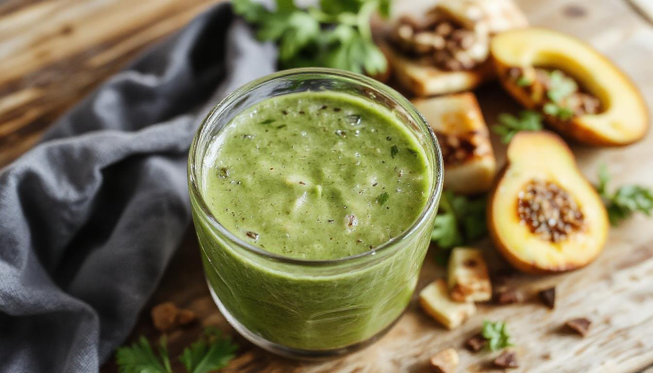 Vibrant green smoothie in a clear glass with a frothy top, garnished with a mint leaf and a slice of lime. The smoothie has a smooth, thick texture with visible bits of leafy greens and fruits, set against a clean, bright background.