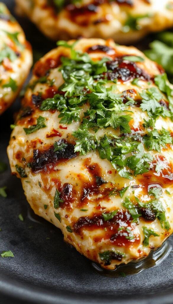 Juicy grilled chicken topped with vibrant green chimichurri sauce, served on a rustic wooden platter