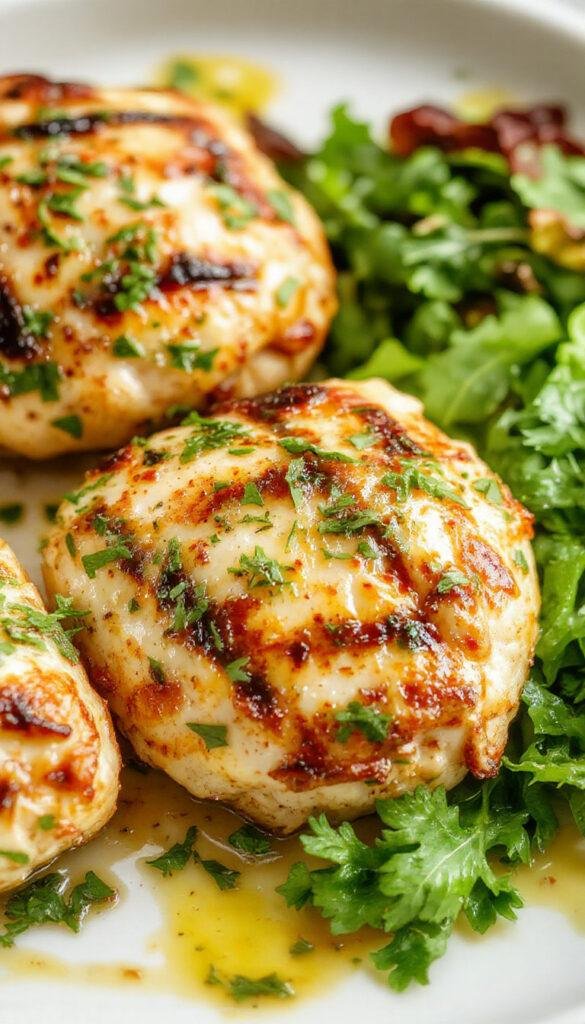 Juicy grilled chicken topped with vibrant salsa verde and melted pepper jack cheese, garnished with fresh herbs on a rustic platter.