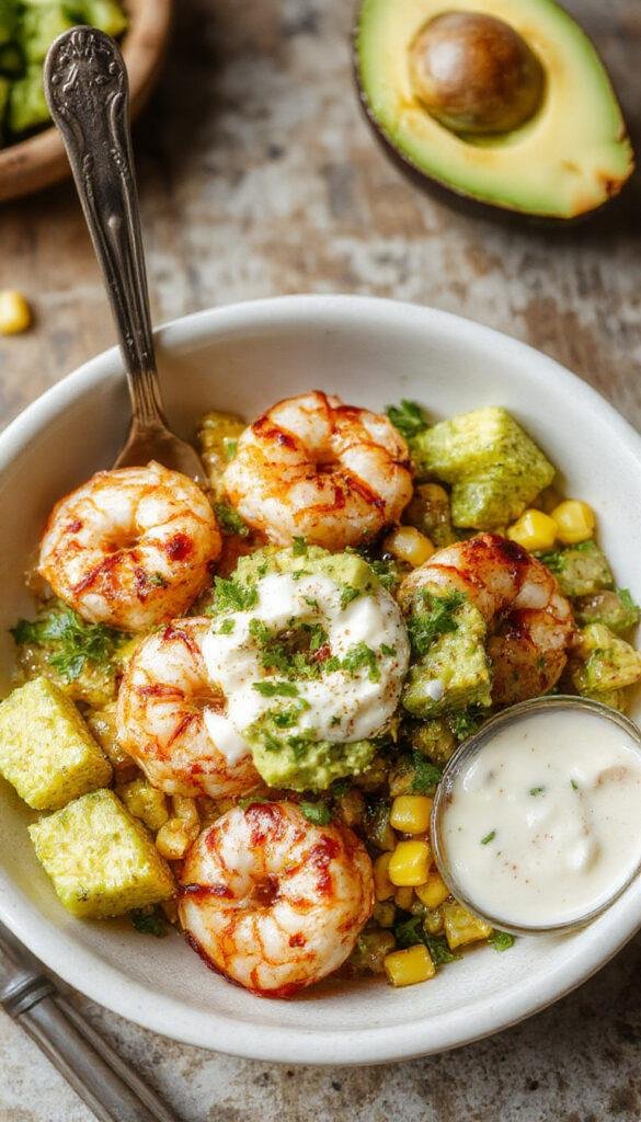 A vibrant grilled shrimp bowl topped with sliced avocado, colorful corn salsa, and drizzled with creamy sauce, served in a rustic bowl.