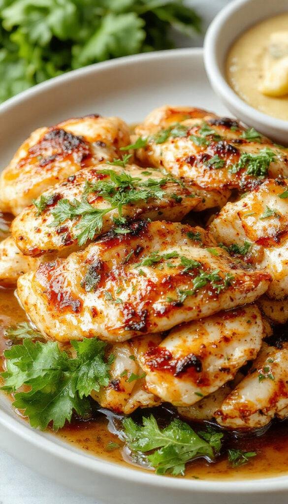 Juicy grilled Vietnamese chicken served with fresh herbs and lime slices, showcasing a vibrant and savory dish.