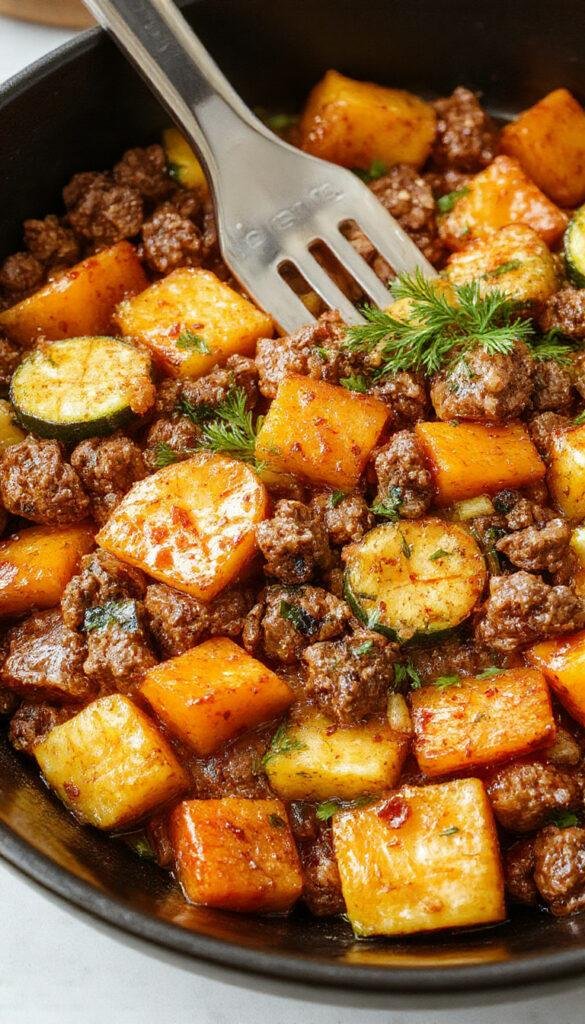 A colorful skillet dish featuring ground beef, sliced zucchini, and sweet potatoes cooked together in a rustic pan.
