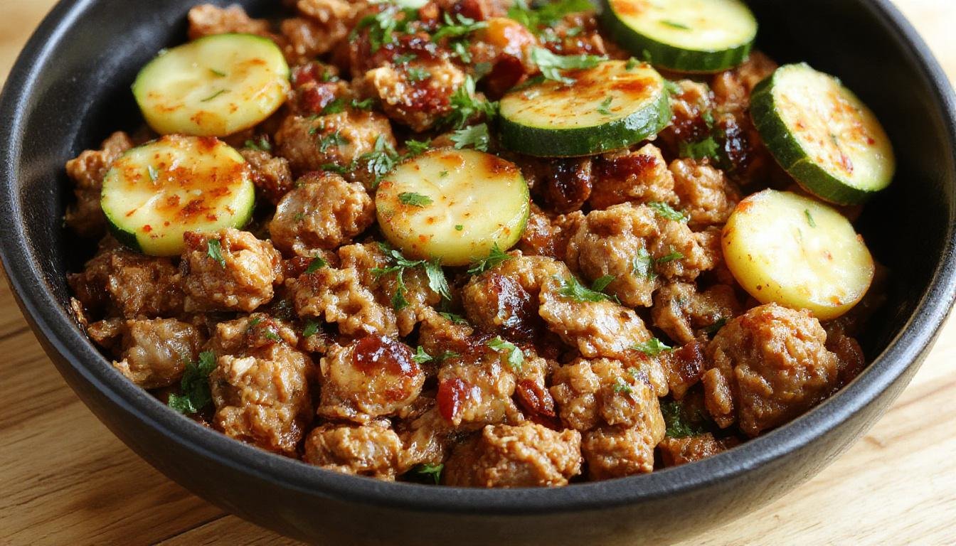 A colorful skillet dish featuring golden-brown ground turkey crumbled over vibrant green zucchini slices, garnished with chopped herbs on a rustic wooden table.