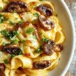 A plated serving of Gruyere Pasta topped with golden caramelized leeks and sautéed mushrooms, garnished with fresh herbs.