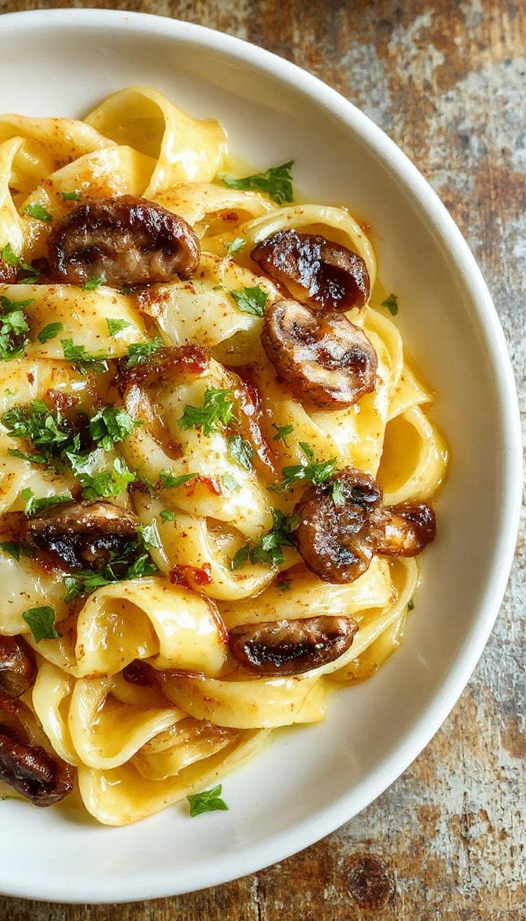 A plated serving of Gruyere Pasta topped with golden caramelized leeks and sautéed mushrooms, garnished with fresh herbs.