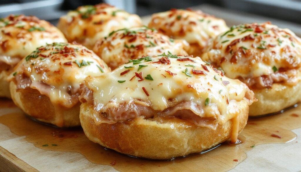 A close-up of golden-brown Hawaiian rolls filled with melted cheese and slices of ham, topped with a light glaze and sesame seeds, arranged neatly on a white serving platter. The slider sandwiches are slightly toasted, showcasing the gooey cheese and tender ham inside, with visible steam rising, set against a rustic wooden background.