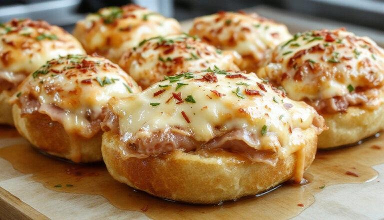 A close-up of golden-brown Hawaiian rolls filled with melted cheese and slices of ham, topped with a light glaze and sesame seeds, arranged neatly on a white serving platter. The slider sandwiches are slightly toasted, showcasing the gooey cheese and tender ham inside, with visible steam rising, set against a rustic wooden background.