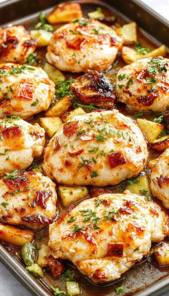 Colorful Hawaiian Chicken Sheet Pan with grilled chicken, pineapple chunks, bell peppers, and tropical herbs on a baking sheet.