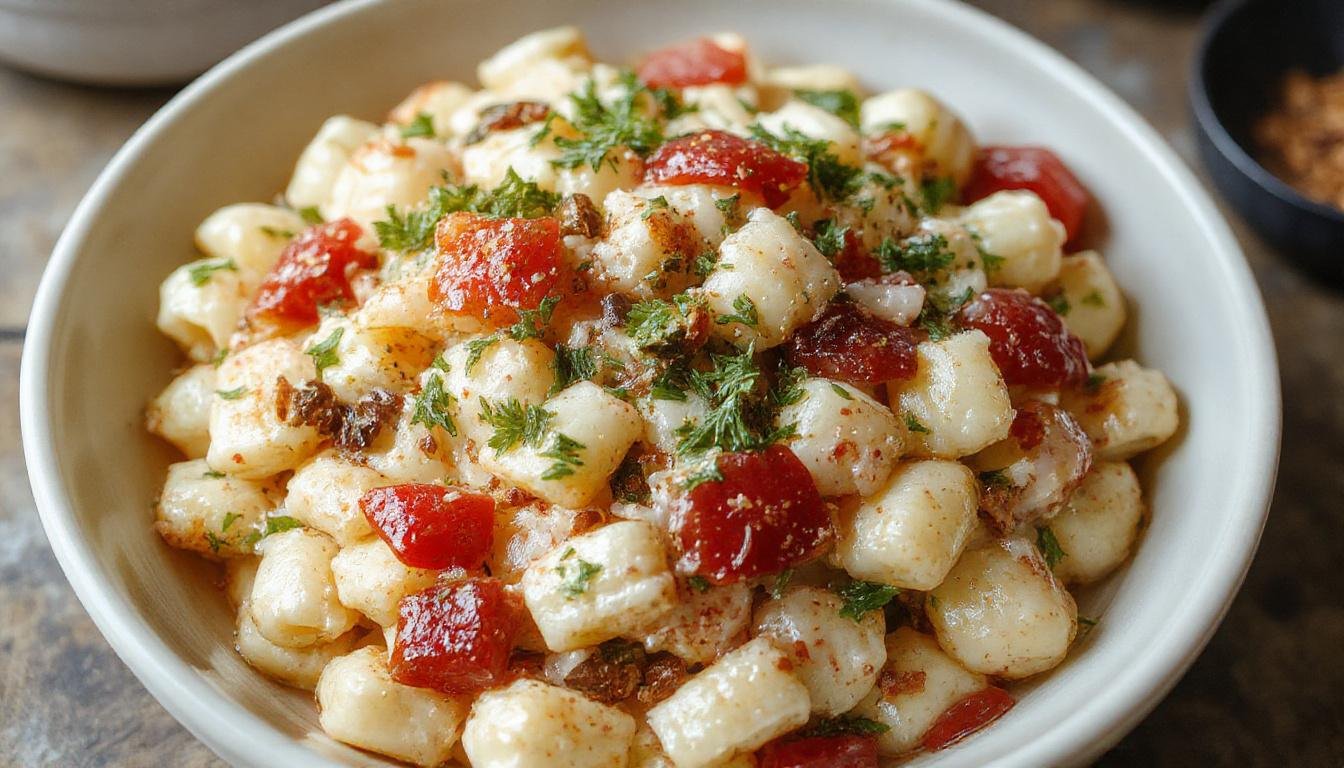 A close-up of a creamy Hawaiian macaroni salad served in a clear glass bowl. The salad features elbow macaroni coated in a smooth, white dressing with visible bits of chopped vegetables and garnished with fresh parsley. The bowl is placed on a rustic wooden table, with a background hinting at a tropical outdoor setting, evoking a casual, inviting summer meal.