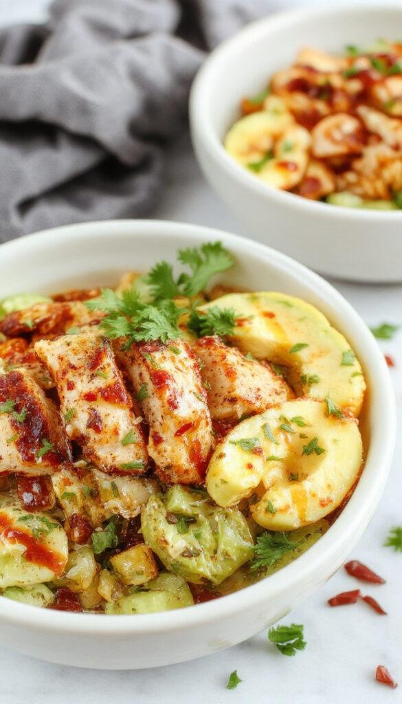 A vibrant plate of Healthy Chicken Shawarma Bowl featuring grilled chicken, fresh vegetables, and healthy grains garnished with herbs.