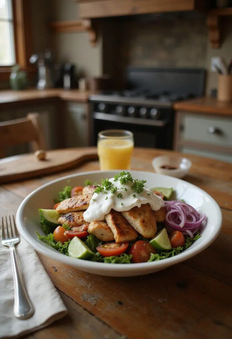 Healthy chicken gyro bowl featuring grilled chicken, fresh vegetables, and yogurt sauce, presented in a cozy home kitchen setting with warm lighting and rustic background elements.
