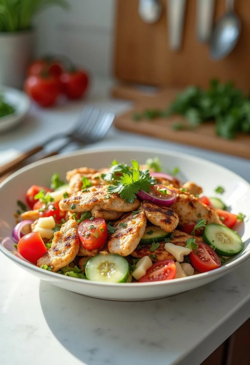 Healthy chicken gyro bowl with grilled chicken and fresh vegetables, displayed on a kitchen countertop in a clean, realistic scene with kitchen utensils and cutting board in the background.