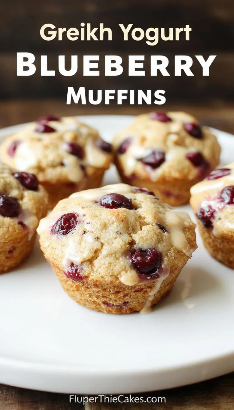A close-up of healthy Greek yogurt blueberry protein muffins arranged on a rustic wooden table, highlighting their golden tops and plump blueberries.