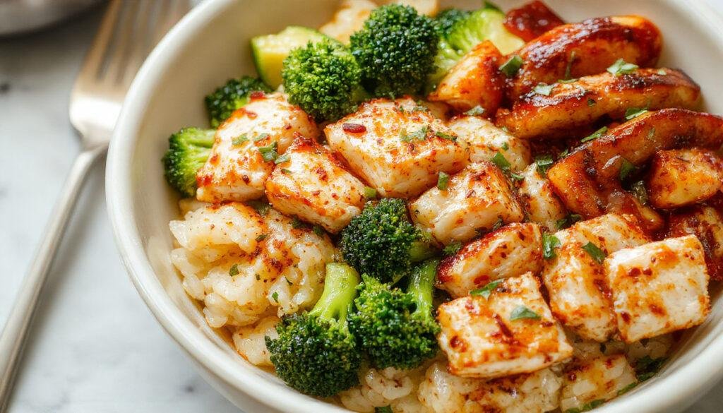 A neatly arranged bowl featuring grilled chicken slices on top of fluffy white rice, vibrant green broccoli florets around the edges, and a drizzle of sauce, all atop a light wooden surface. The bowl showcases a colorful and appetizing presentation with a balanced portion size.