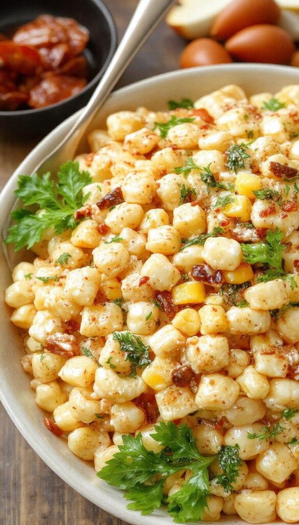A vibrant bowl of Healthy Street Corn Pasta Salad featuring colorful pasta, roasted corn, cherry tomatoes, fresh herbs, and a light dressing.
