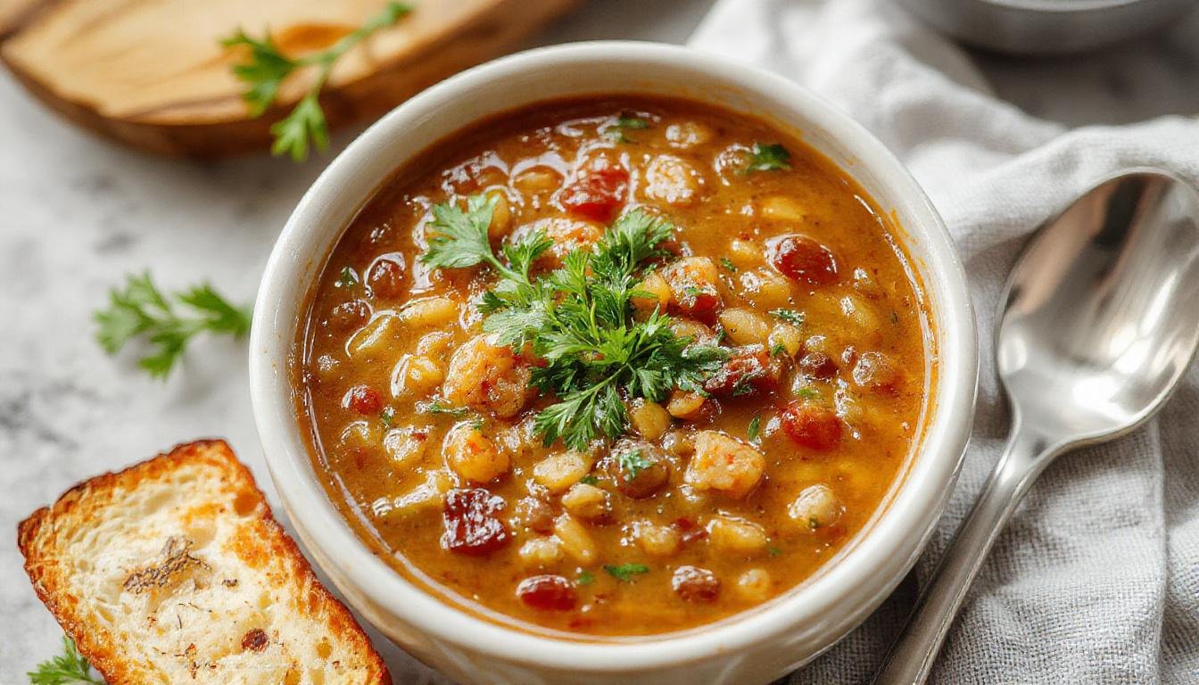 A steaming bowl of hearty lentil soup with a rich, orange-brown color garnished with fresh herbs, served in a rustic white bowl on a wooden table, with slices of crusty bread and a sprig of parsley on the side. The soup appears thick and hearty with visible lentils and vegetable chunks, inviting warmth and comfort.