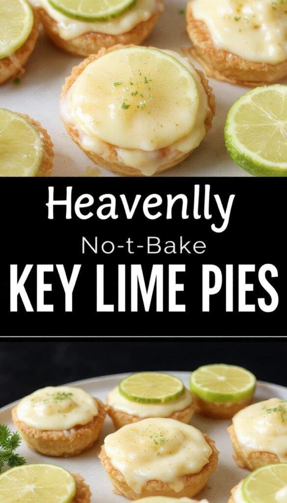 Miniature no-bake key lime pies with creamy filling and graham cracker crust on a white plate