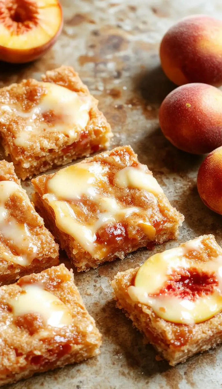 A plate of Heavenly Summer Peach Bars with golden crust, topped with juicy peach slices and a sprinkle of powdered sugar.