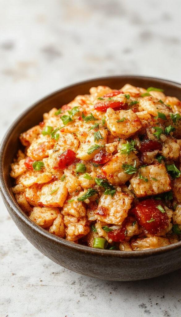 A vibrant plate of Hibachi Fried Rice with chopped vegetables, grilled shrimp, and a sprinkling of green onions, served on a black rectangular platter.