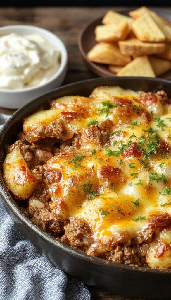 A rustic Hobo Casserole with layered ground beef, sliced potatoes, and vegetables baked in a hearty, golden crust.