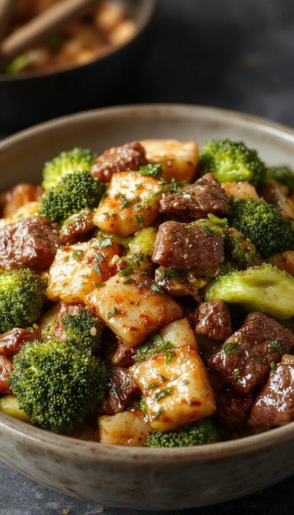 A vibrant plate of homemade beef and broccoli lo mein featuring tender beef slices, fresh broccoli florets, and steaming noodles garnished with green onions.